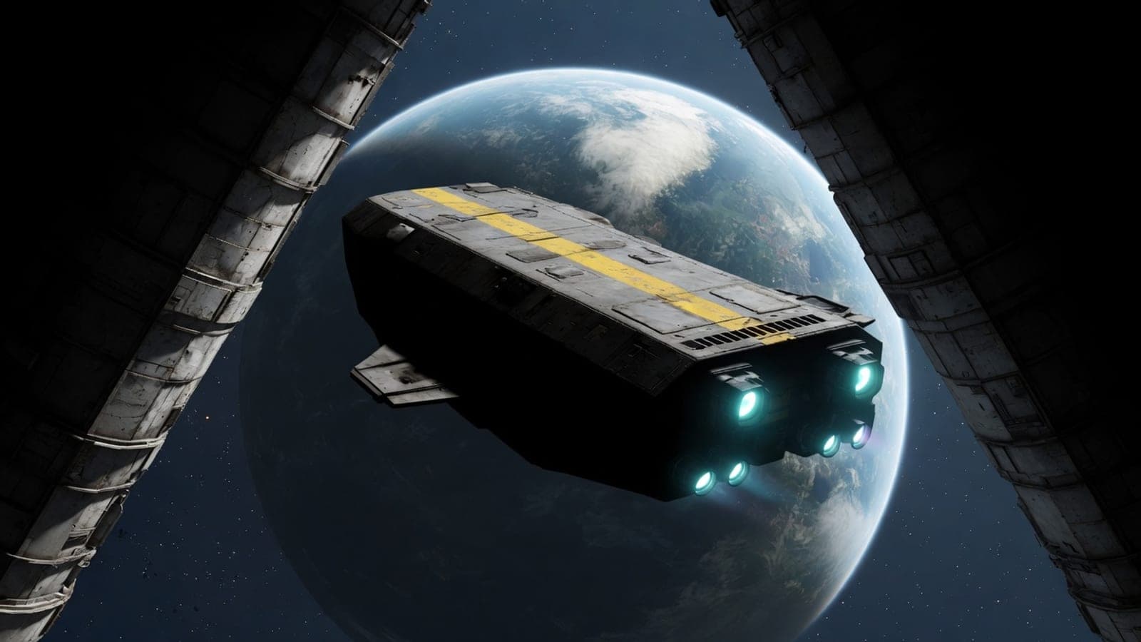 Concept art: the compact Wayfarer framed by scarred dock structure against a cool ocean planet, hazard-yellow spine stripe and cyan engines lit