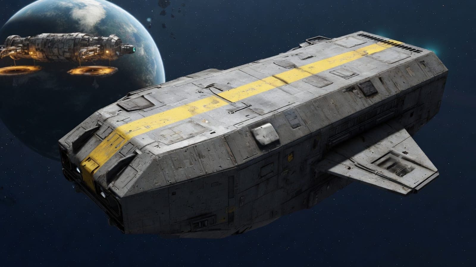 Concept art: close three-quarter view of the boxy soot-steel Wayfarer with a single hazard-yellow spine stripe and worn hull panels