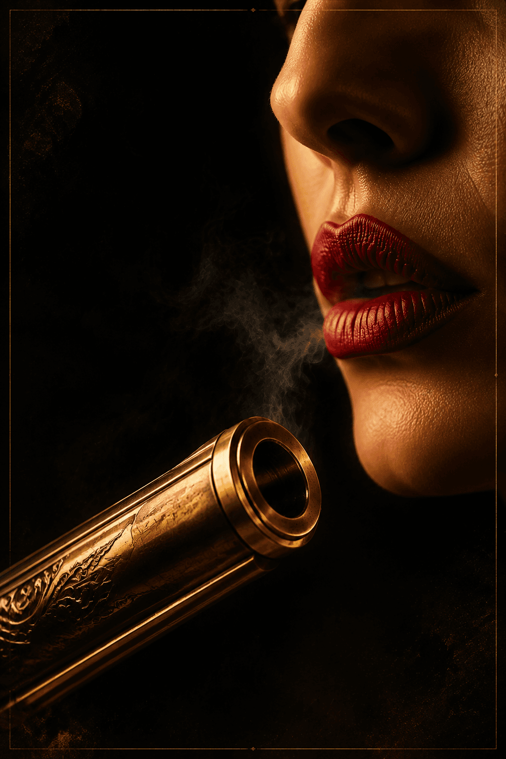 Editorial beta poster with a woman's face, deep-red lipstick, and a polished golden barrel against a graphite-black background