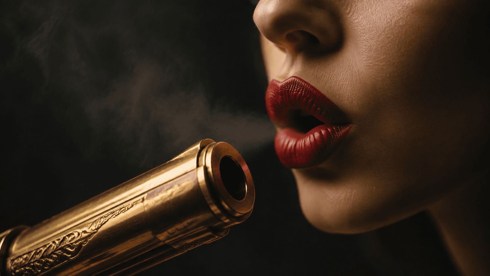 Close-up detail of the gold barrel and red lips from the GoldenGun hero image
