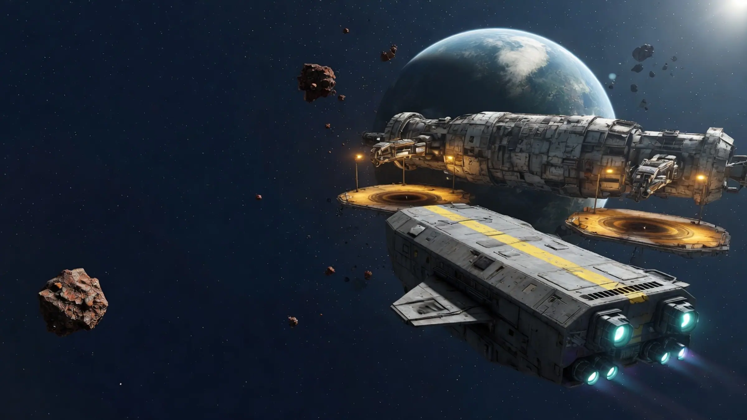 Concept art: the Wayfarer leaving Ascension Dock 01 toward a cool ocean planet