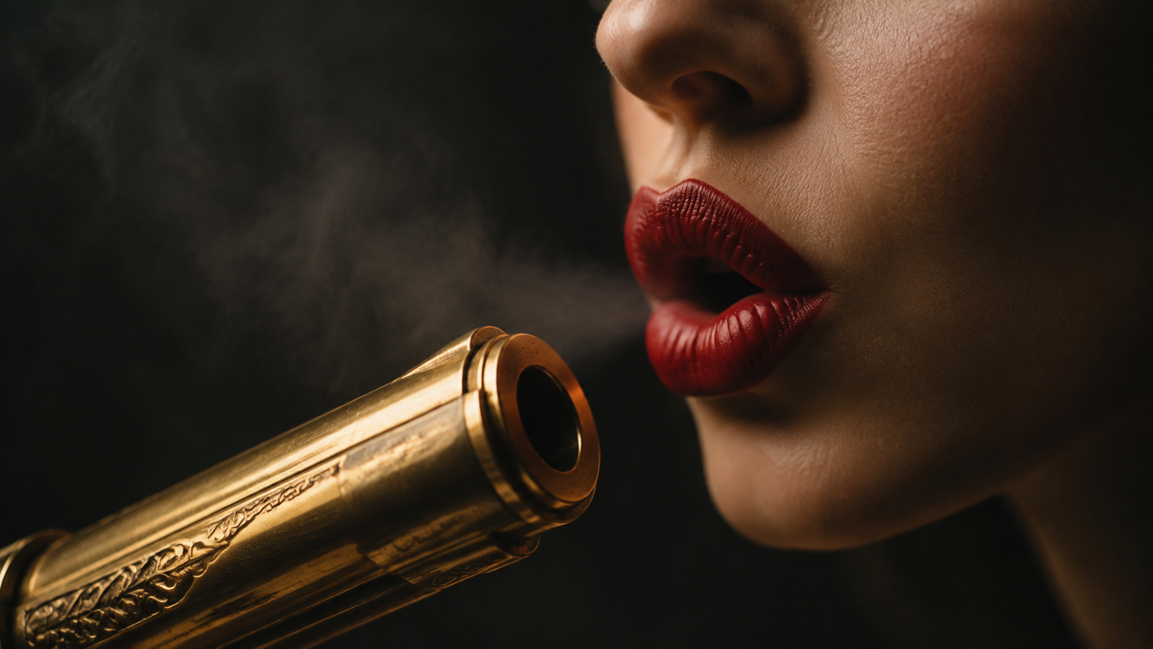 A woman with red lipstick blowing gently into the open muzzle of a polished golden gun barrel in a dark editorial close-up