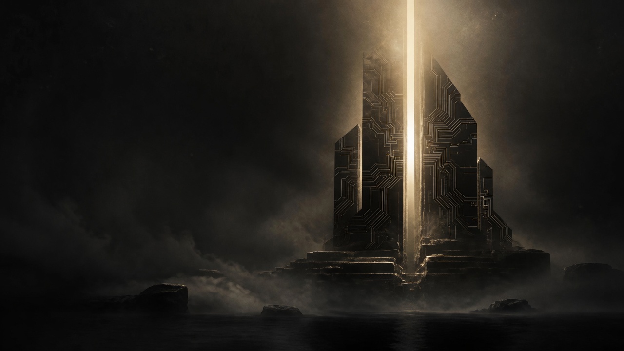 The monument inlaid with faint gold circuitry, still mythic, still in fog
