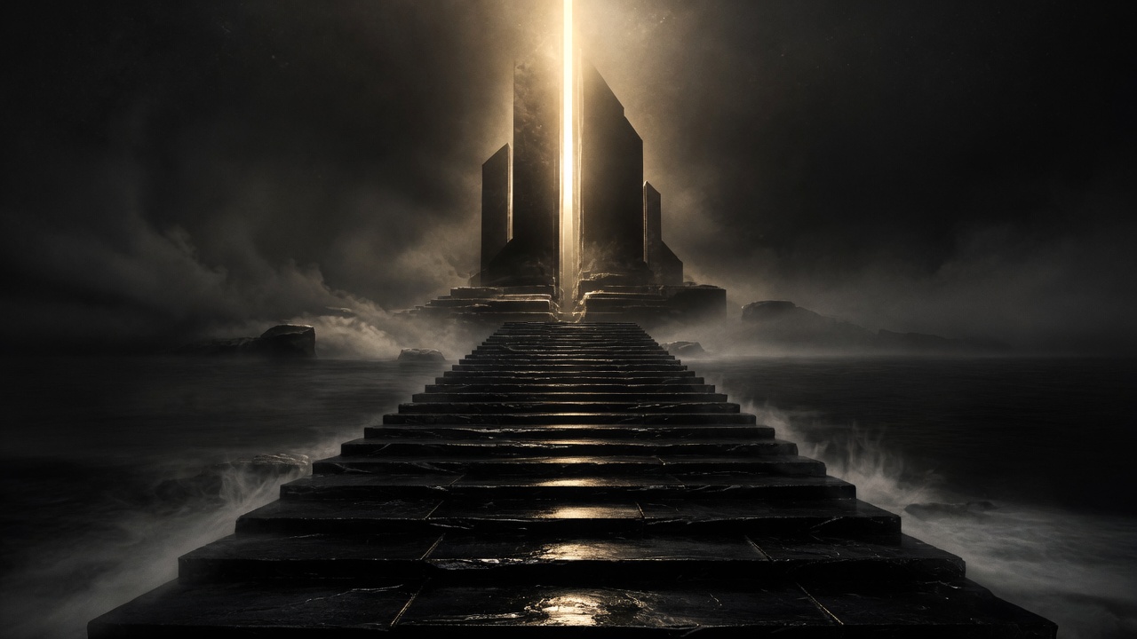 A wet black stone stair rising through fog toward a gold-lit monument